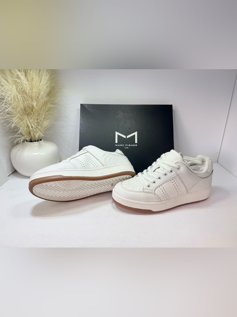 90. Marc Fisher White Leather Low-Top Sneakers with Gum Outsole